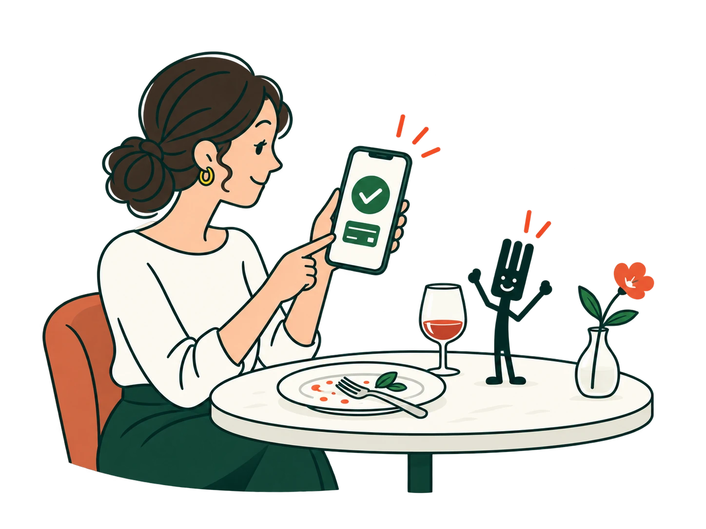 Eine Gast bezahlt mit ihrem Telefon und erhält eine Zahlungsbestätigung.